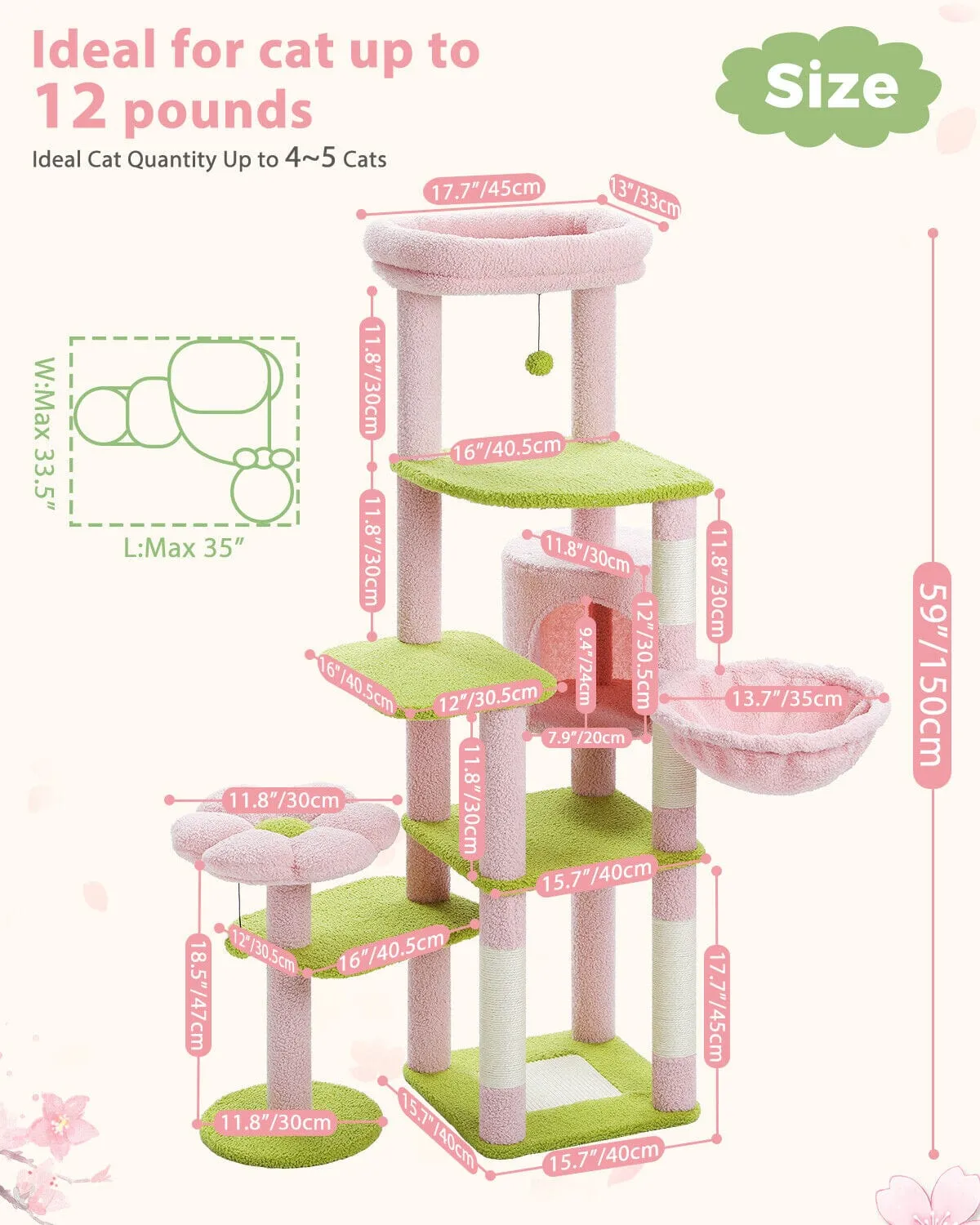59" Multilevel Cat Scratching Tree With Condo