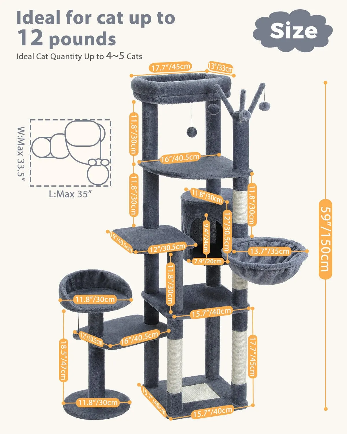 59" Multilevel Cat Scratching Tree With Condo
