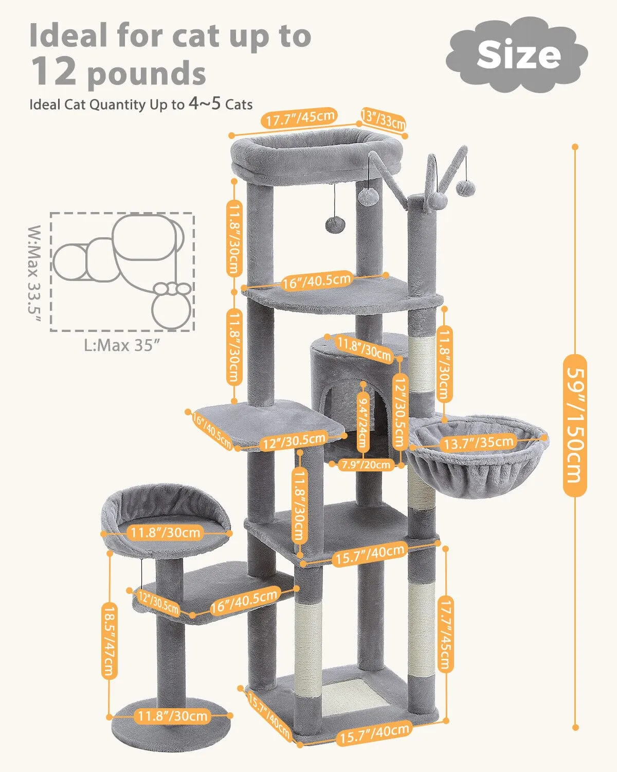 59" Multilevel Cat Scratching Tree With Condo