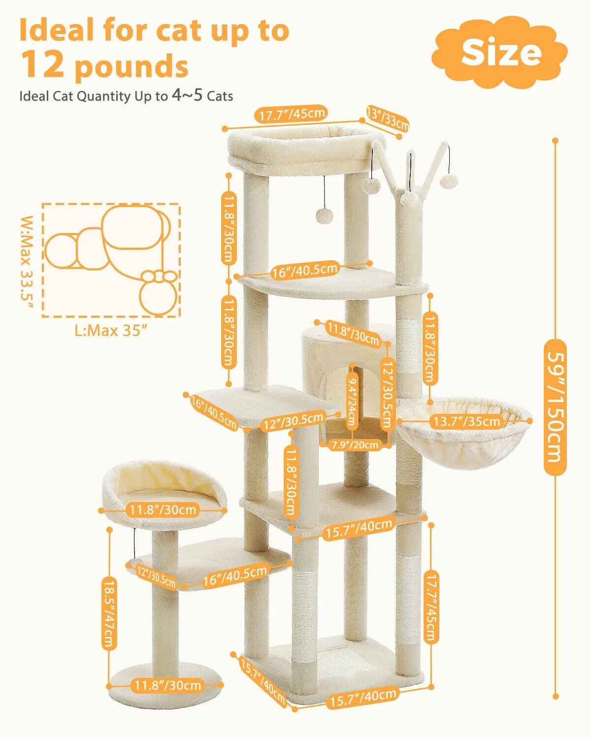 59" Multilevel Cat Scratching Tree With Condo