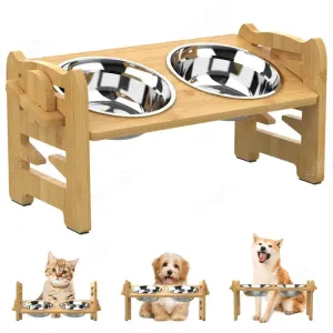Adjustable Bamboo Dog Feeder with Stainless Bowls