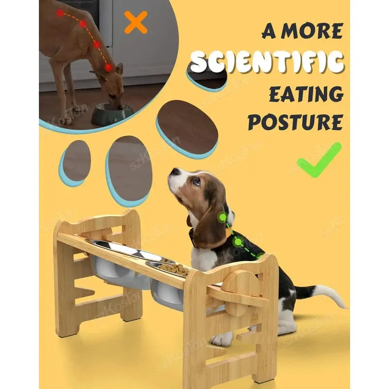 Adjustable Bamboo Dog Feeder with Stainless Bowls