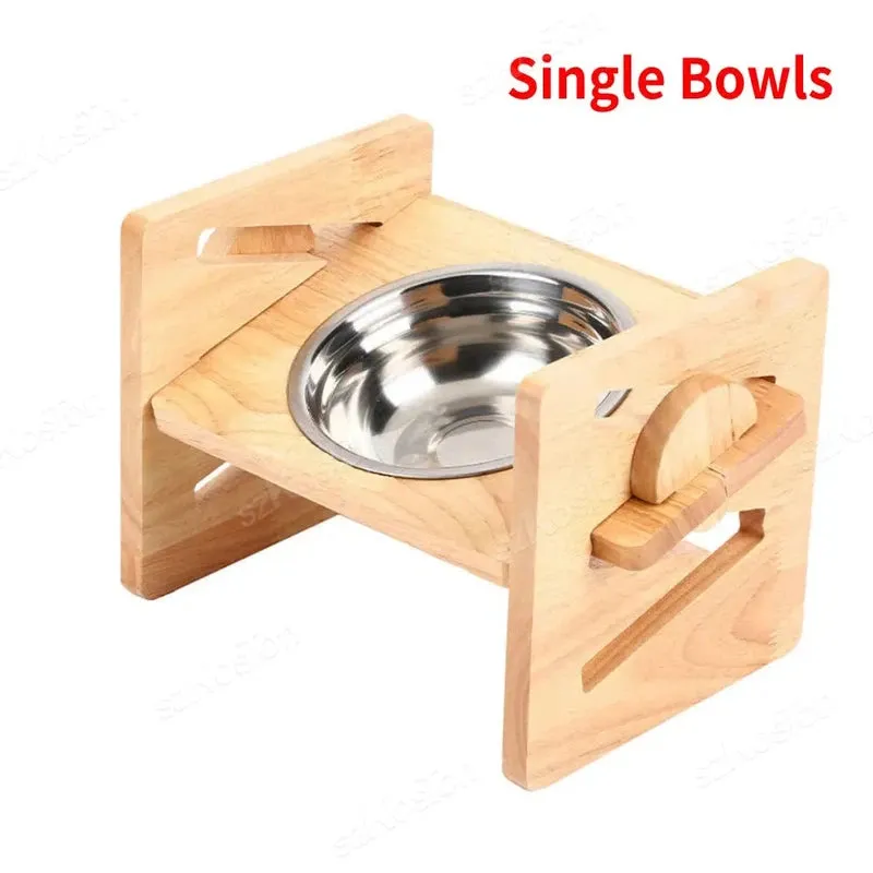 Adjustable Bamboo Dog Feeder with Stainless Bowls