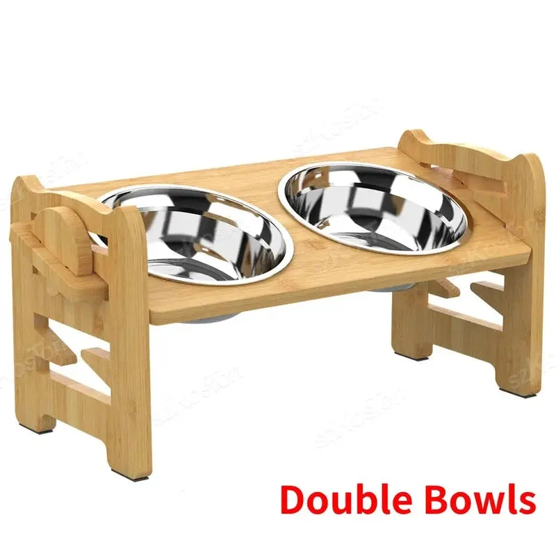 Adjustable Bamboo Dog Feeder with Stainless Bowls
