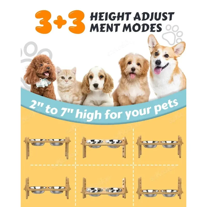 Adjustable Bamboo Dog Feeder with Stainless Bowls