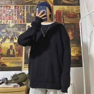 Cozy Winter Ribbed Pullovers for Men – Loose O-Neck Solid Sweaters, Retro Korean Style Long Sleeve Jumpers for Couples & Teens