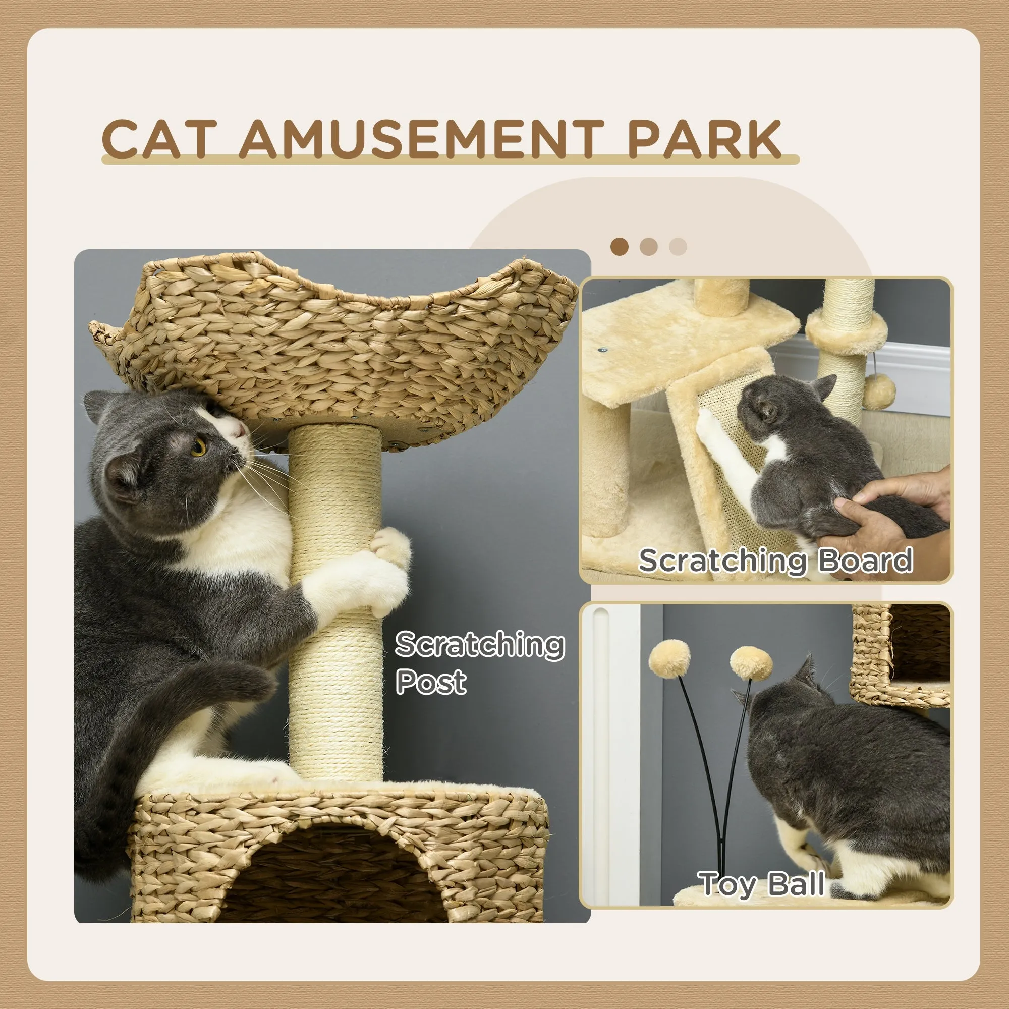 PawHut 116cm Cat Tree Tower w/ Scratching Post, Cat House, Ball, Platform, Beige