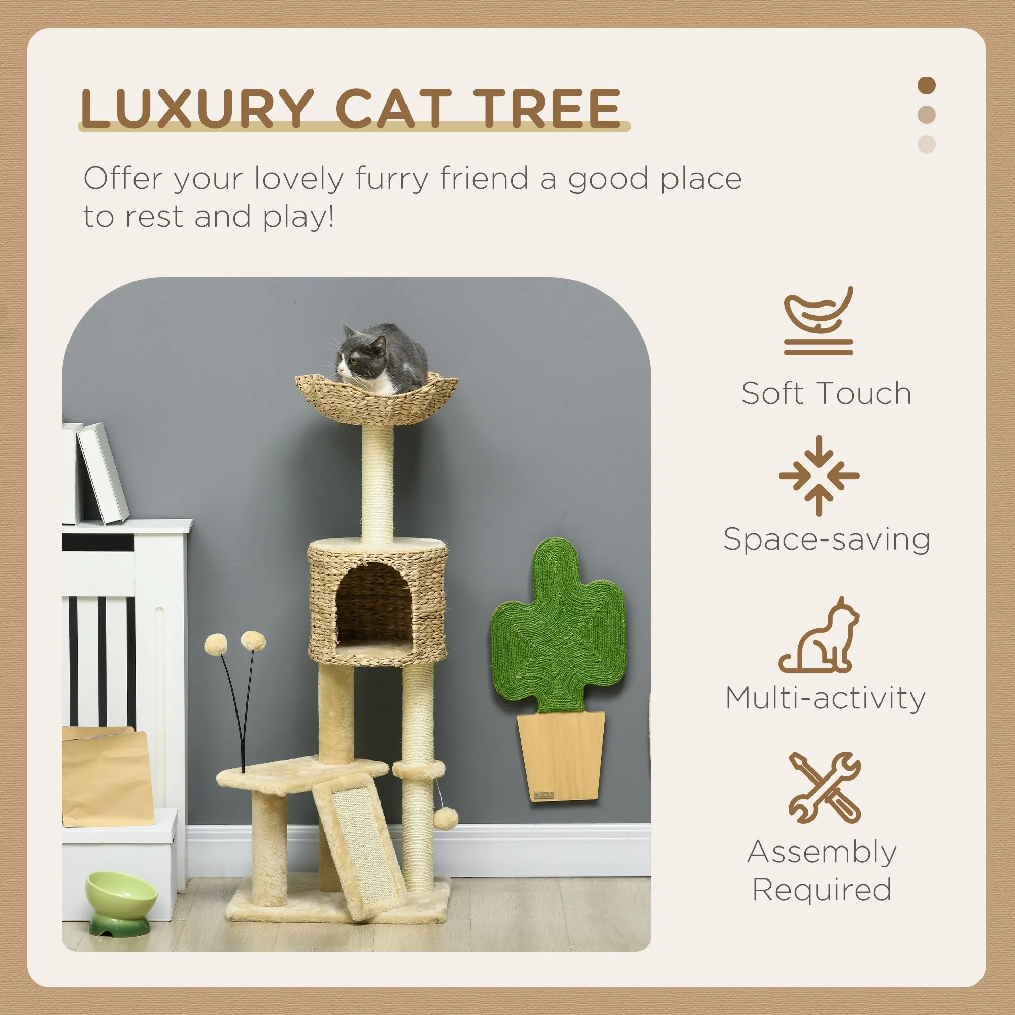 PawHut 116cm Cat Tree Tower w/ Scratching Post, Cat House, Ball, Platform, Beige