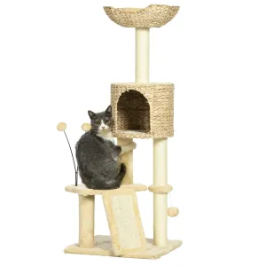 PawHut 116cm Cat Tree Tower w/ Scratching Post, Cat House, Ball, Platform, Beige