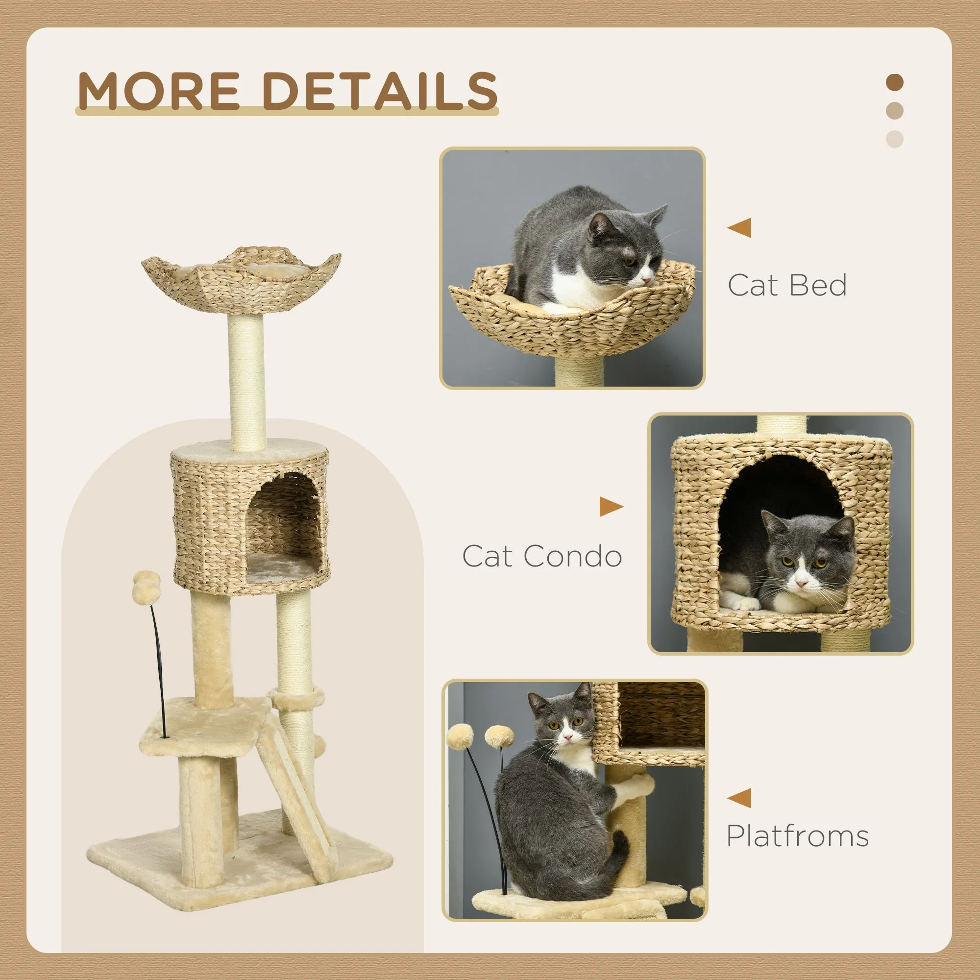 PawHut 116cm Cat Tree Tower w/ Scratching Post, Cat House, Ball, Platform, Beige