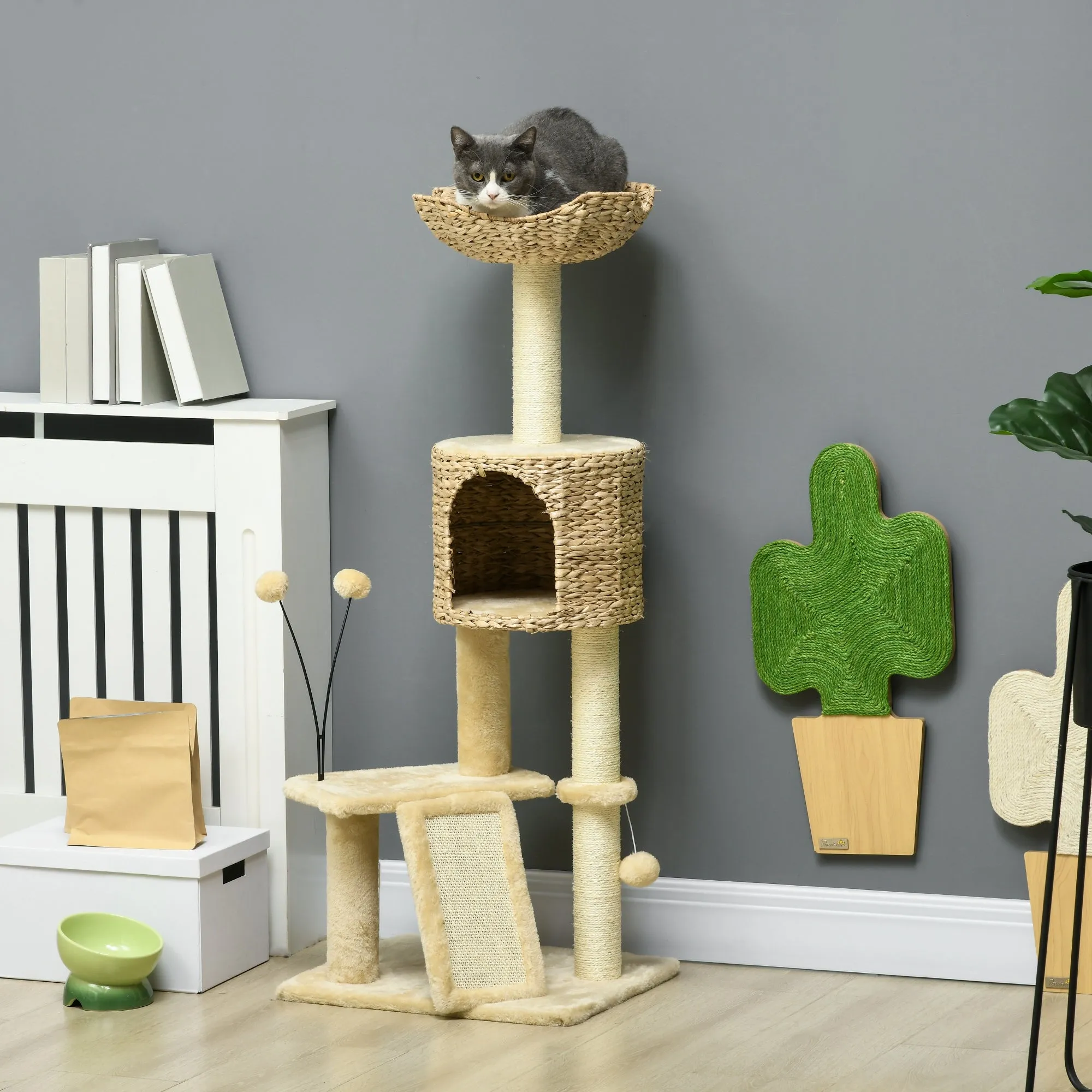 PawHut 116cm Cat Tree Tower w/ Scratching Post, Cat House, Ball, Platform, Beige
