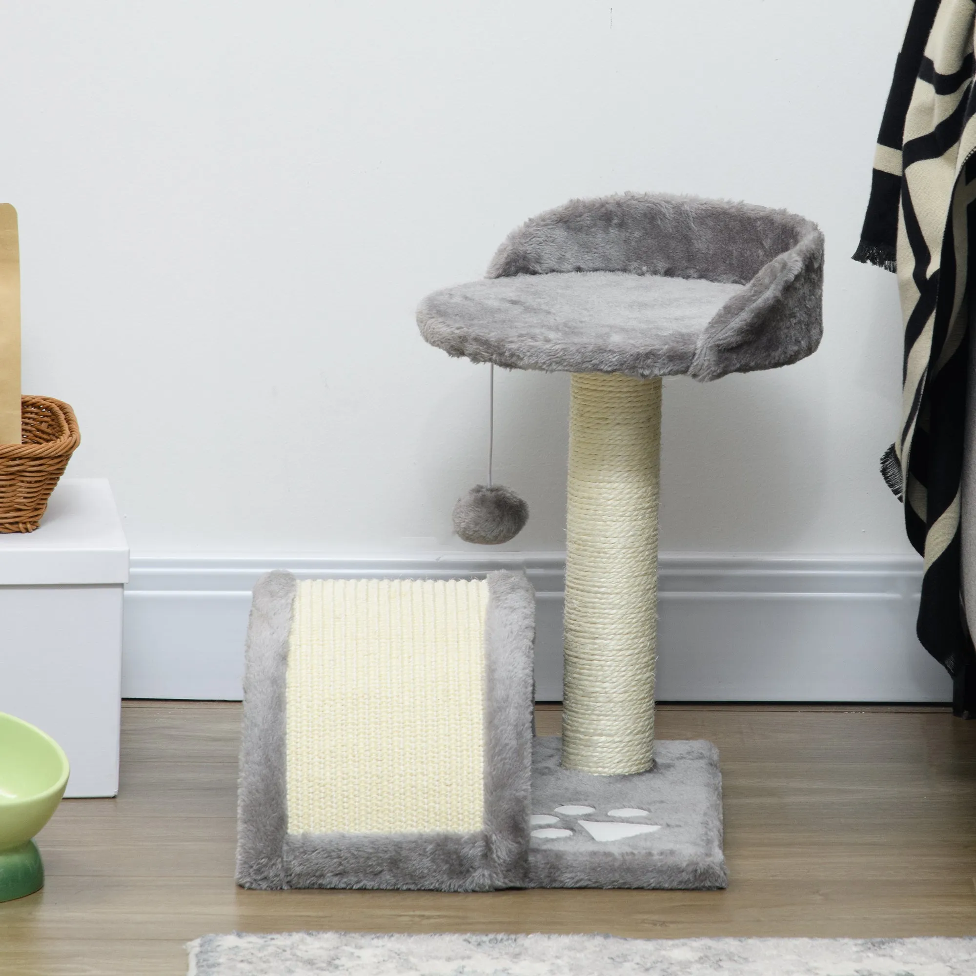 PawHut Cat Tree, Kitten Scratcher w/ Scratching Post, Toy Ball - Grey