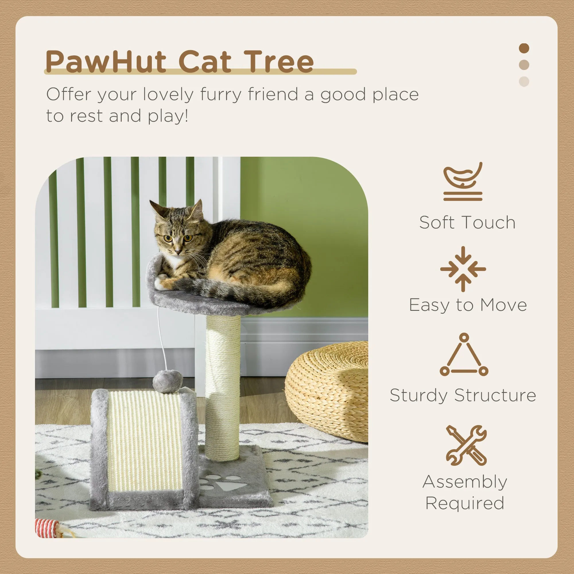 PawHut Cat Tree, Kitten Scratcher w/ Scratching Post, Toy Ball - Grey