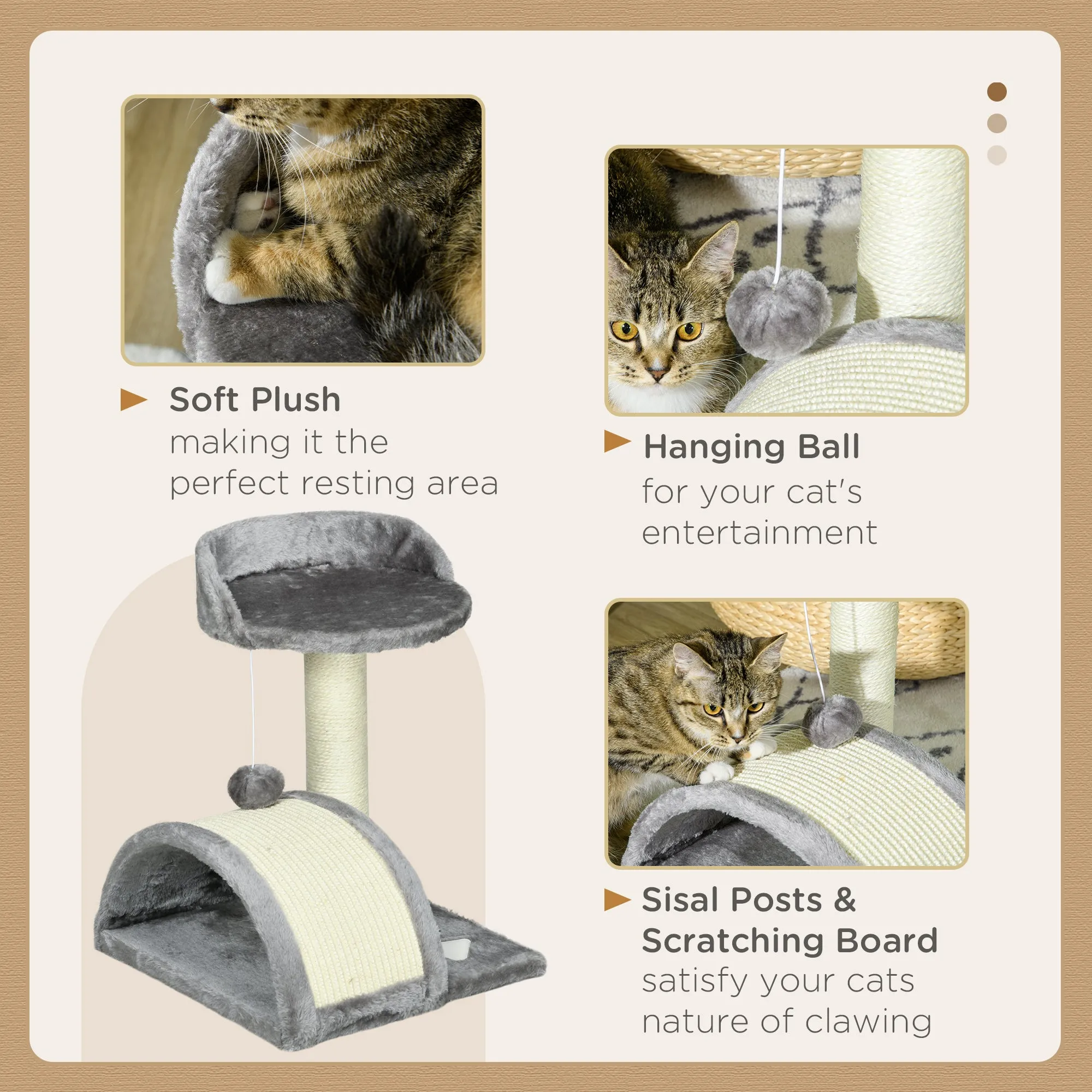 PawHut Cat Tree, Kitten Scratcher w/ Scratching Post, Toy Ball - Grey