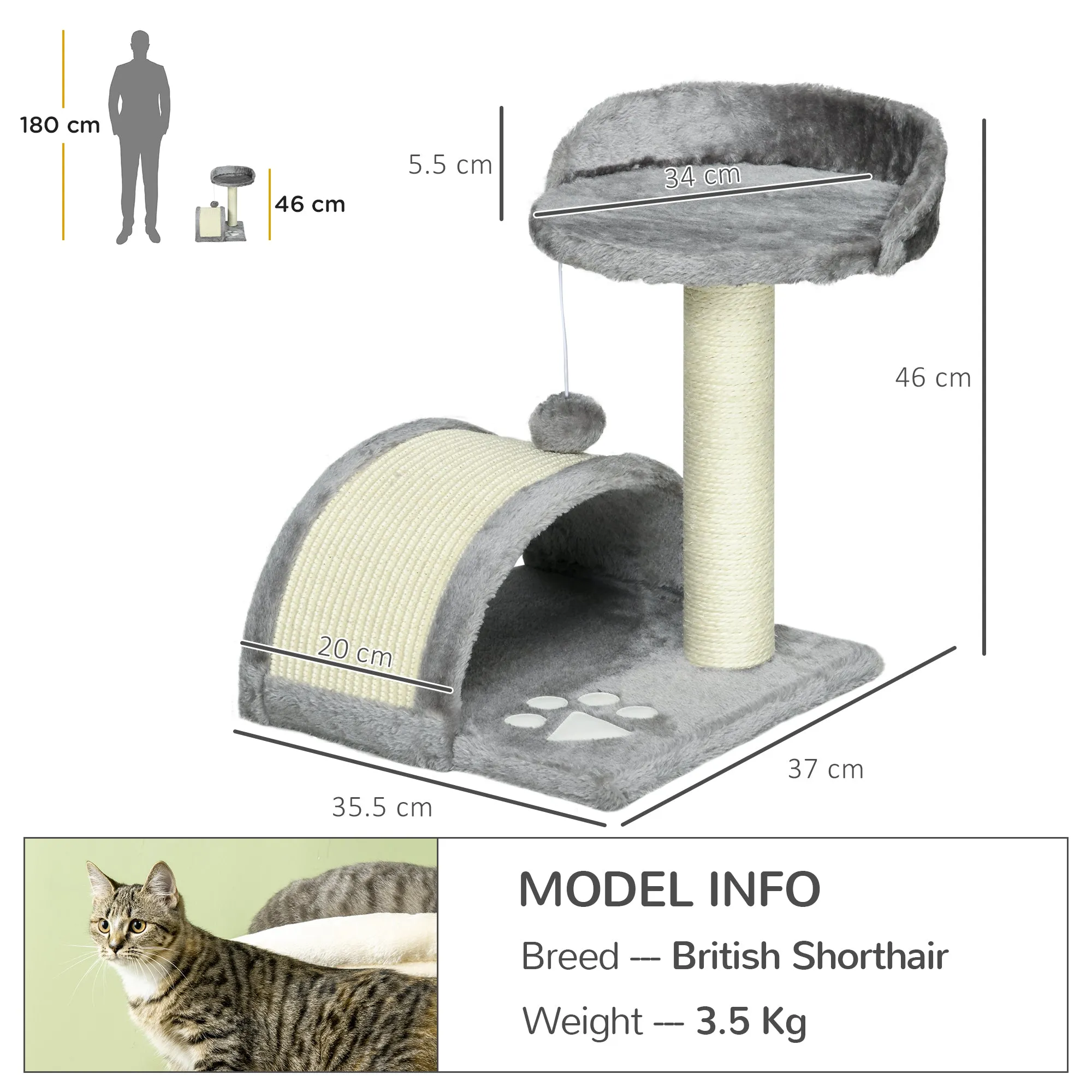 PawHut Cat Tree, Kitten Scratcher w/ Scratching Post, Toy Ball - Grey